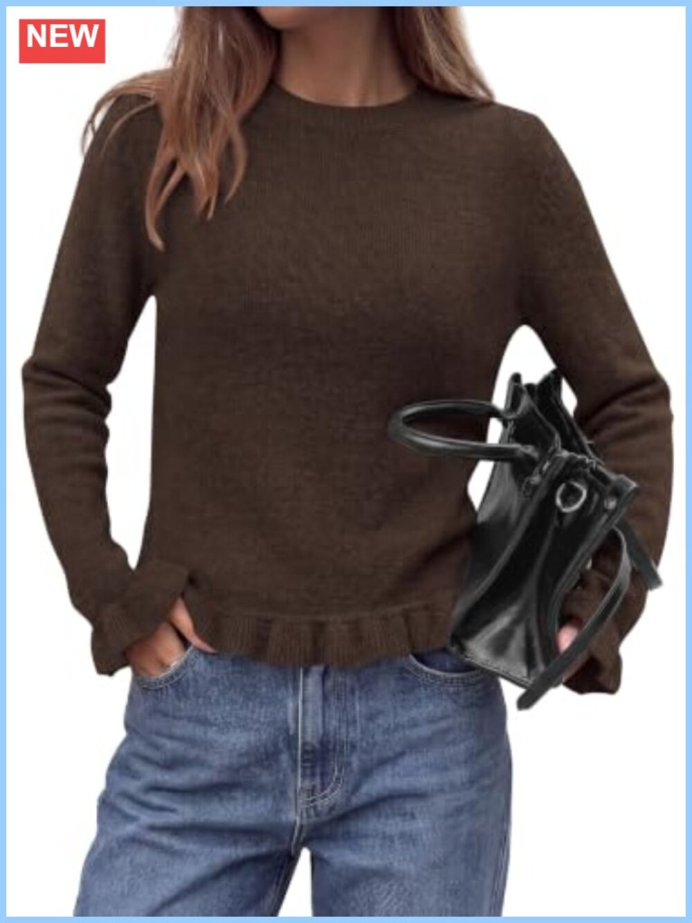 Ruffle Sweater Women Cozy Knit Crew Neck Pullover Long Sleeve Fall